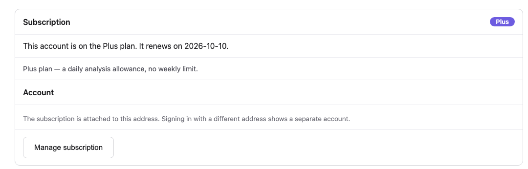 The Subscription card on the Account page, with the Manage subscription button at the bottom