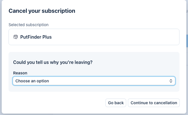 Stripe 询问取消原因，并提供 Go back 与 Continue to cancellation 按钮