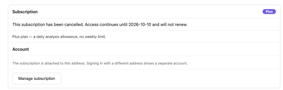 The Subscription card after cancelling, showing the confirmation line: this subscription has been cancelled, access continues until the listed date